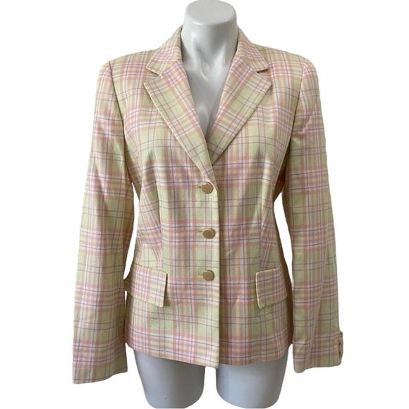 ESCADA silk plaid pink yellow blazer sz 40 - business casual - designer - SILK - Picture 1 of 16
